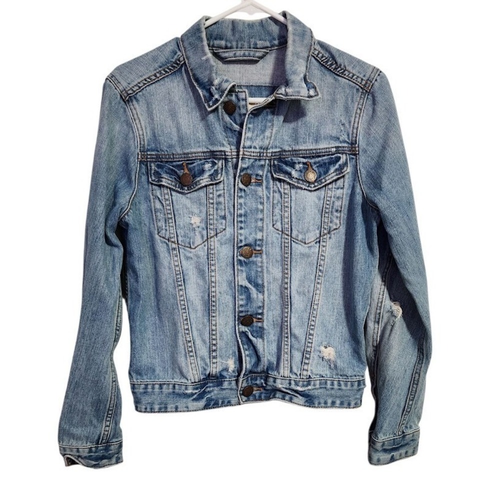 HOLLISTER California Men's Distressed Denim Trucker Jacket Light Wash Size S Y2K